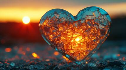 A transparent glass heart lies shattered on a sleek modern surface, symbolizing emotional fragility, lost love, and the delicate nature of human connection in a contemporary world.

