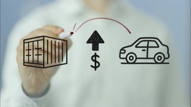 Experienced businessman drawing complex chart on transparent board, demonstrating economic impact of import tariffs progressively increasing vehicle pricing within global trade framework