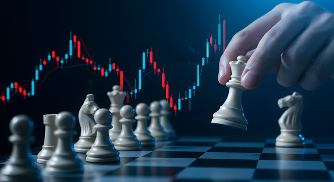Dramatic Chess Board Game with Financial Chart in Background Featuring a Hand Moving A Chess Piece