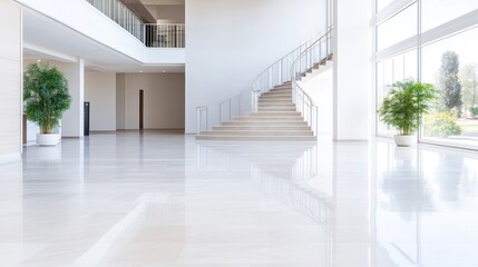 Obraz premium A modern, bright lobby features a light-colored staircase and polished floors. Two potted plants flank the space. The image is crisp and well-lit, showcasing a minimalist aesthetic. The color palet