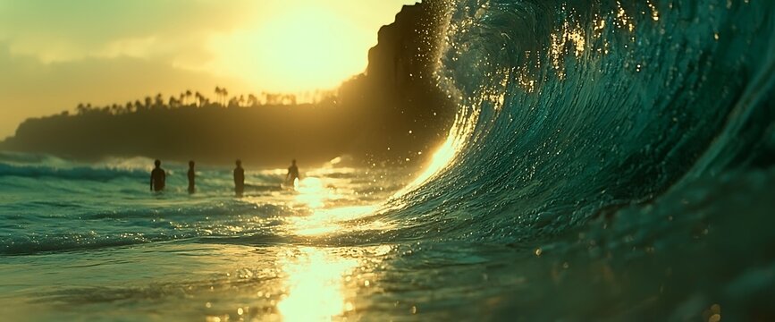 Golden Hour Wave with Surfer silhouettes.