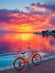 Obraz premium Vibrant sunset over calm sea, orange bicycle on paved waterfront