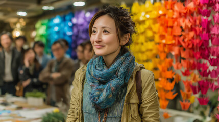 Obraz premium p: a wide shot of a japanese woman with a creative spark, wearing a casual outfit