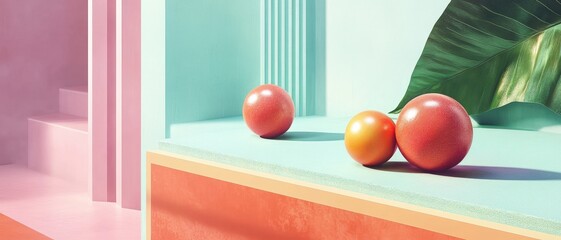 A vibrant still life composition featuring three colorful spheres arranged on a pastel-colored surface, with a lush green leaf in the background, creating a serene and artistic atmosphere