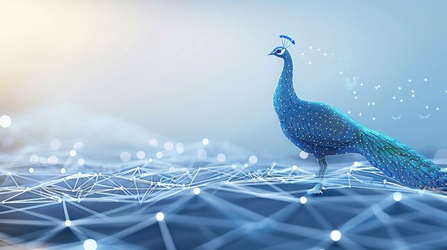 A vibrant peacock stands gracefully on a digital landscape, showcasing intricate patterns and glowing elements, symbolizing the fusion of nature and technology in a serene environment