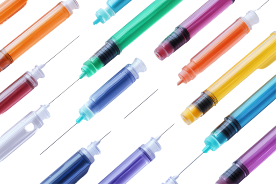 Colorful syringes arranged diagonally on black background medical healthcare vaccination injection isolated on transparent background