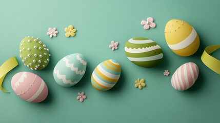 Obraz premium Easter Eggs Decorated with Flowers and Ribbon - A Springtime Celebration