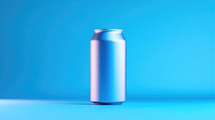 A metallic beverage can stands centrally against a solid blue background. The can is tall and slender, appearing smooth and reflective. The image is clean and simple, with high resolution and even l