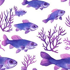 A vibrant underwater scene featuring various purple fish swimming among intricate coral formations against a clean white background, ideal for marine-themed designs or educational materials