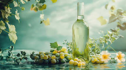 Fototapeta premium White wine bottle with grapes, vineyard background, sunny day, drink concept