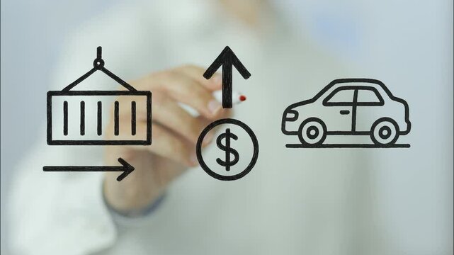 Businessman drawing on a transparent board, explaining the increasing tariffs on imported cars, crossing out the dollar sign and the arrow indicating the price increase