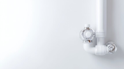 White plumbing fixture with chrome accents.  A simple, clean, and modern design.  The image shows a section of white PVC piping, with a chrome-plated valve and fittings.  Mounted on a white background