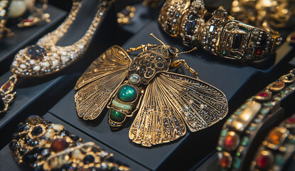 Fototapeta premium Fine gold and silver jewelry featuring intricate insect-inspired designs with delicate details