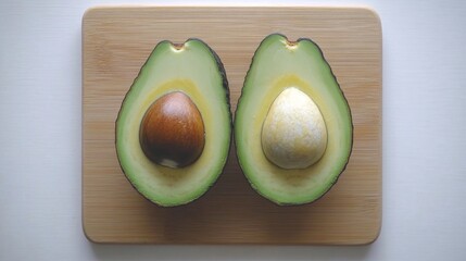 A fresh avocado with a slice cut open on a wooden board. Featuring healthy fats
