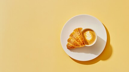 A fresh baked croissant with a cup of espresso. Featuring French breakfast delights