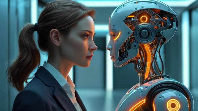 Young Woman Facing a Robot - Human vs Robots, AI concept