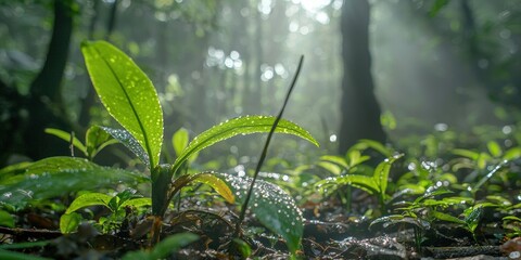 a green plant growing in a forest lit by sunlight in the early morning 