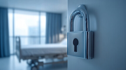 A digital lock placed over a hospital bed symbolizing healthcare data security and patient privacy, emphasizing the importance of modern data protection in the healthcare industry.

