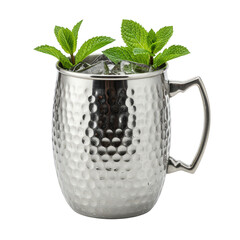 Iced drink with fresh mint in a hammered metal mug.