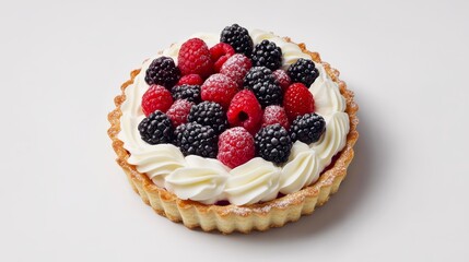 A fresh berry tart with almond crust and whipped cream. Featuring light sweetness and elegance