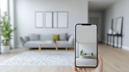 person uses smartphone to visualize furniture in modern living room