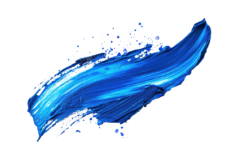 Vibrant blue paint stroke with dynamic brushwork and splatter effect, abstract art, transparent background