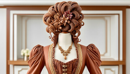 Intricate chocolate sculpture of a woman in an elegant, rococo-style gown, adorned with chocolate flowers
