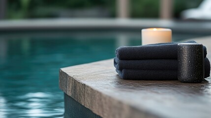 Relaxing poolside scene with towels and candle