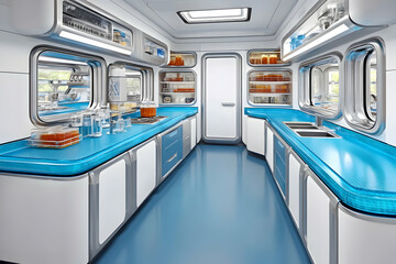 Naklejka premium Futuristic galley kitchen with blue countertops, storage, and large windows