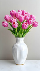 Pink tulips in a white ribbed vase on a marble surface