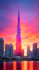 Vibrant sunset hues paint the sky behind a towering skyscraper and cityscape reflected in calm water