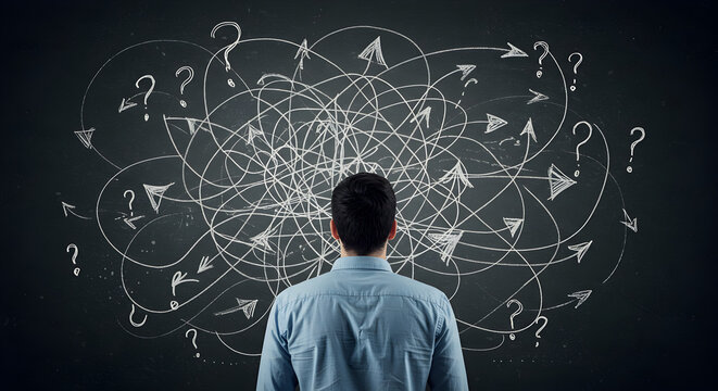 Man Standing In Front of Blackboard with Complex Mathematical Formulas in Dark Room