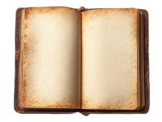 Fototapeta premium Open book with blank pages and dark brown leather cover from a top-down perspective