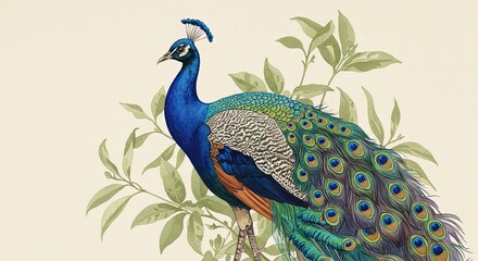 Obraz premium Elegant Peacock Detailed Illustration Botanical Green Leaves Decorative Style