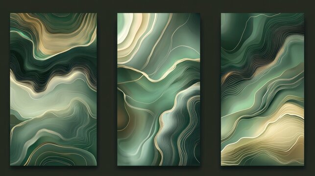 Abstract green and gold art piece displayed as triptych