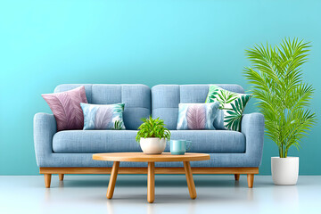 Blue sofa, wooden coffee table, tropical plant, light blue wall