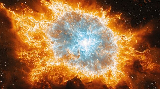 Bright nebula with a central blue glow amidst fiery orange clouds
