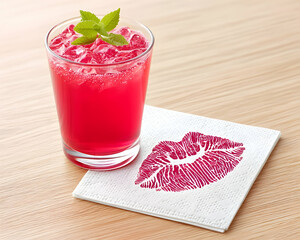 Refreshing pink beverage with ice and mint garnish, rests on napkin with lipstick kiss mark