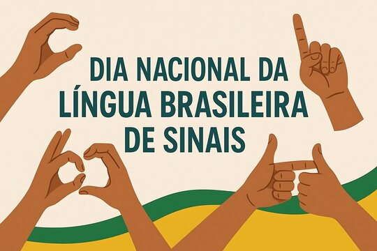 Brazilian Sign Language Day Celebration: A vibrant illustration, celebrating Brazilian Sign Language Day, showcases diverse hand gestures, symbolizing communication, inclusivity.