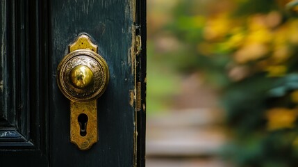 Glimpse Through Worn Door Brass Knob Autumnal Garden Beyond