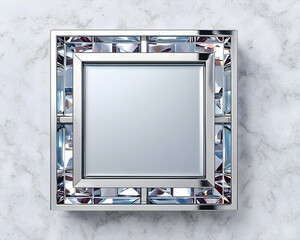 Square, silver frame with clear gems on marble