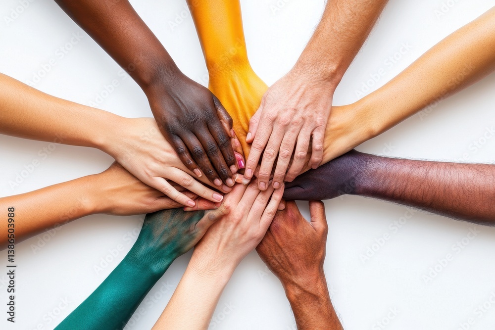 Poster Hands united in teamwork display solidarity and support during collaborative activity at community event in afternoon light