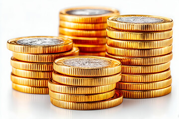 Stacks of shiny gold coins on white background