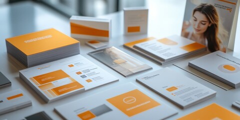 Elegant collection of stationary and branding materials displayed on a sleek desk in a modern workspace during daylight hours