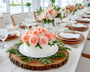Elegant wedding reception table setting with peach roses and cake