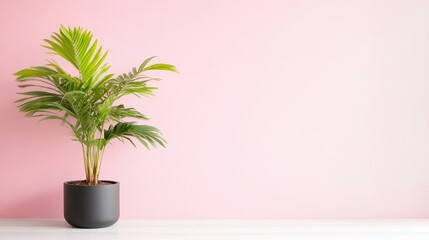 Obraz premium A potted Kentia palm sits on a white surface against a pink wall. The plant is lush and green, in a dark gray pot. The image is well-lit, with a soft, even light. The style is minimalist and clean.