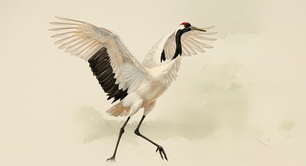 Elegant Crane Spreading Wings Watercolor Art on Beige Backdrop Detailed Bird Illustration