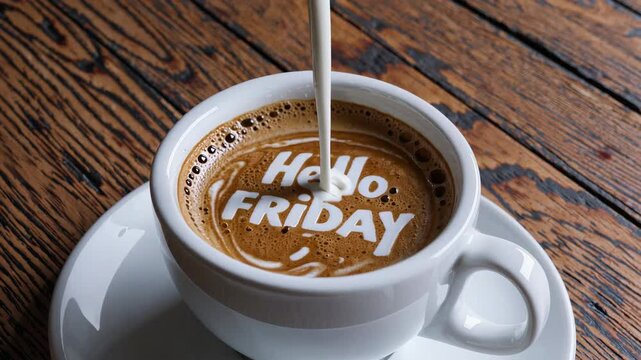 Coffee with friday greeting  pouring milk art animation on latte