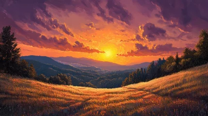 Gardinen Golden hour descends painting rolling hills in warm hues artistic landscape © alindiyani