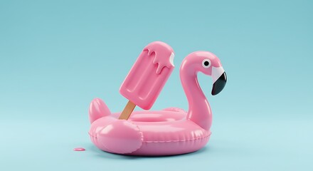 Pink stick ice cream with flamingo float on pastel blue background. Creative idea
